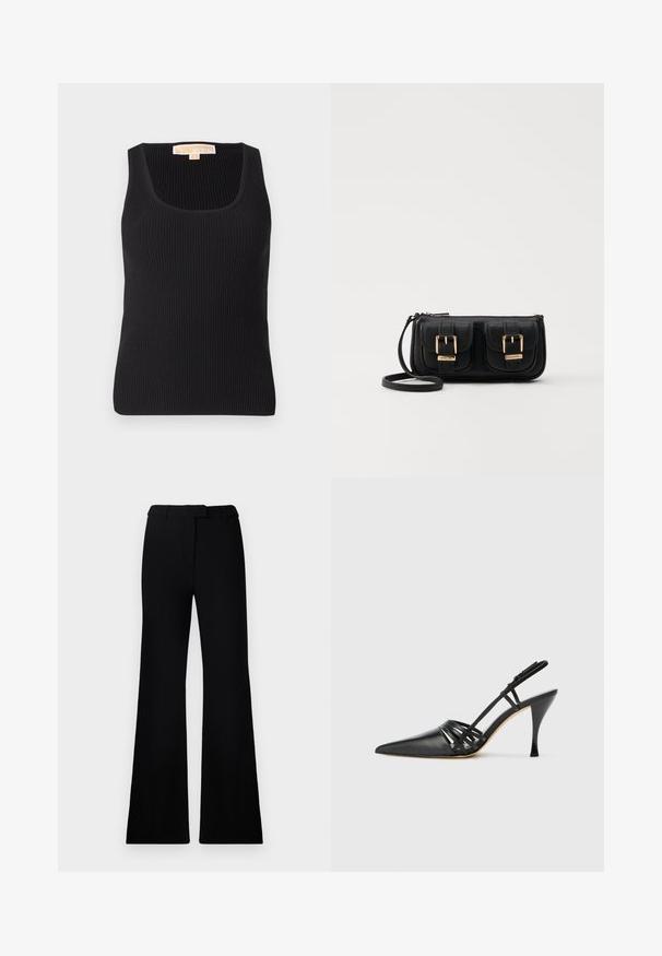 Black ribbed tank top featuring a square neckline and fitted silhouette. Smooth texture with minimal detailing and a label at the back.; Black flared pants featuring a smooth texture, tailored waistband, and front pockets, designed with a sleek, modern silhouette.; Black leather high-heeled slingback shoe with pointed toe, crisscross strap design, and slim stiletto heel. Smooth texture and minimal accents.; Black leather crossbody bag with two front pockets, gold buckles, zipper closure, and a slim strap. Textured surface and compact rectangular shape.