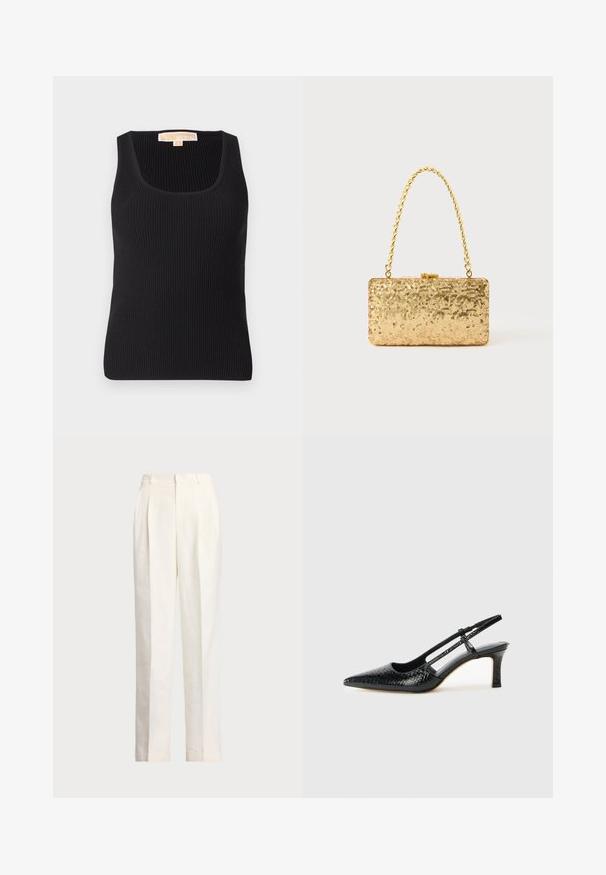 Top de alças preto com nervuras, apresentando um decote quadrado e silhueta ajustada. Textura suave com detalhes mínimos e uma etiqueta na parte de trás.; Polo Ralph Lauren HEMP WIDE LEG PANT - Calças - nevis; Salto slingback em patente preta com bico apontado, apresentando um padrão de pele de cobra texturizado, tira ajustável e um salto bloco curto e texturizado.; Clutch dourada em lantejoulas com formato retangular, apresentando uma alça de corrente torcida e um fecho de metal, refletindo a luz com um acabamento texturizado.