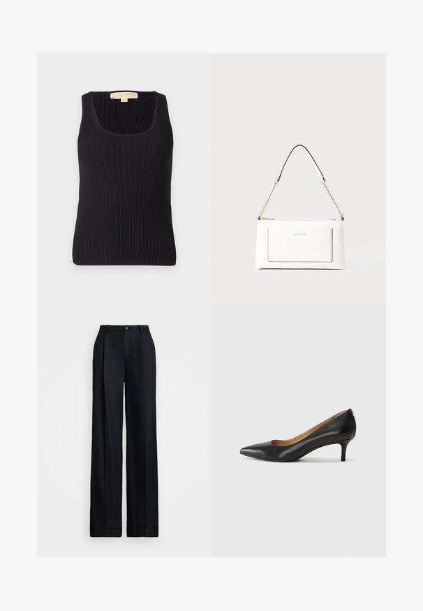 Črna rebrasta majica brez rokavov z kvadratnim izrezom in oprijetim krojem. Gladka textura z minimalnimi detajli in oznako na hrbtu.; Črne široke hlače z gladkim zaključkom, ravnim sprednjim delom, zankami za pas in enim gumbom za zapiranje v pasu.; Črne usnjene črpalke s koničastim nosom, nizko peto in gladko teksturo. Imajo rahlo odprtino spredaj in minimalno opremo zadaj.; Bela usnjena torbica z teksturirano površino, ki vključuje zlat pas in črne detajle. Ima sprednji žep in zadrgo.