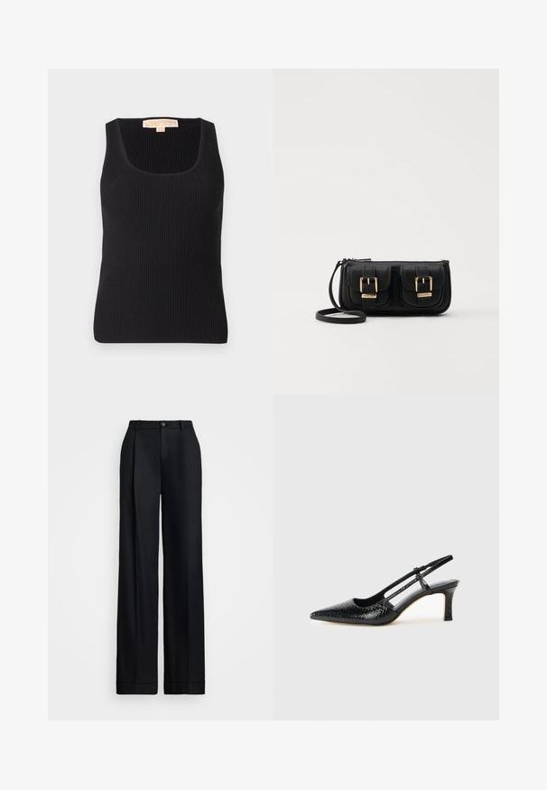 Svart ribbet tanketopp med firkantet utringning og tettsittende silhuett. Glatt tekstur med minimal detaljering og et merke på baksiden.; Svart vide bukser med en glatt finish, flat front, beltehemper og en enkelt knapplukking i midjen.; Sorte patent slingback hæl med spids tå, featuring tekstureret slangeskind, justerbar rem og en kort, tekstureret blokhæl.; Svart skinn crossbody veske med to frontlommer, gyldne spenner, glidelåslukking og en slank stropp. Teksturert overflate og kompakt rektangulær form.