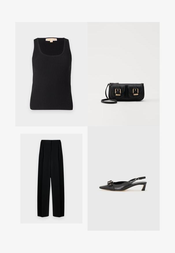 Črna rebrasta majica brez rokavov z kvadratnim izrezom in oprijetim krojem. Gladka textura z minimalnimi detajli in oznako na hrbtu.; Črne široke hlače z visokim pasom, ki vključujejo naborke in gladko teksturo. Tkanina se zdi lahka in elegantno pada.; Črne usnjene slingback čevlje z ostrim nosom, majhnim petam in dekorativno sponko na zgornjem delu. Gladka tekstura, minimalistična zasnova.; Črna usnjena torbica čez ramo z dvema sprednjima žepoma, zlatimi zaponkami, zadrgo in ozkim pasom. Tekstura površine je strukturirana, obliko pa ima kompaktno pravokotno.