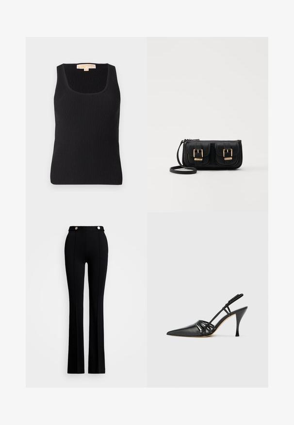 Crna ženska majica na bretele s kvadratnim izrezom i tijesnim krojem. Glatka tekstura s minimalnim detaljima i oznakom na stražnjoj strani.; Crne široke hlače od rastezljivog materijala, s visokim strukom, dva prednja džepa i srebrnim gumbima na struku.; Crne kožne cipele na visokom potpeticu s otvorenim potpeticama, šiljastim prstom, dizajnom s križnim trakama i tankim štiklama. Glatka tekstura i minimalni akcenti.; Crna kožna torba preko ramena s dva prednja džepa, zlatnim kopčama, zatvaranjem na zip i uskim remenom. Teksturirana površina i kompaktan pravokutan oblik.