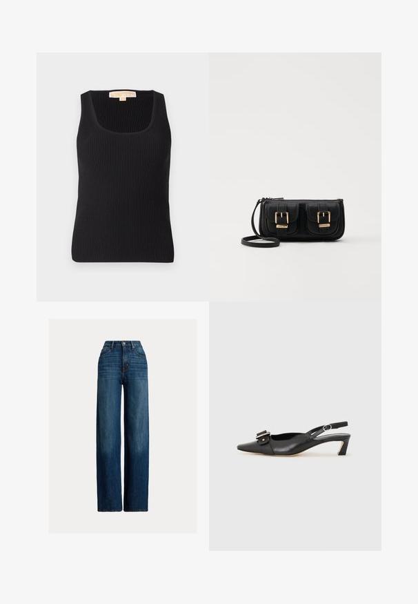 Black ribbed tank top featuring a square neckline and fitted silhouette. Smooth texture with minimal detailing and a label at the back.; Wide-leg denim jeans in dark blue. Features a high waist, button closure, and classic five-pocket design. Smooth texture with subtle fading.; Black leather slingback shoe with pointed toe, small heel, and decorative buckle detail on the upper. Smooth texture, minimalistic design.; Black leather crossbody bag with two front pockets, gold buckles, zipper closure, and a slim strap. Textured surface and compact rectangular shape.