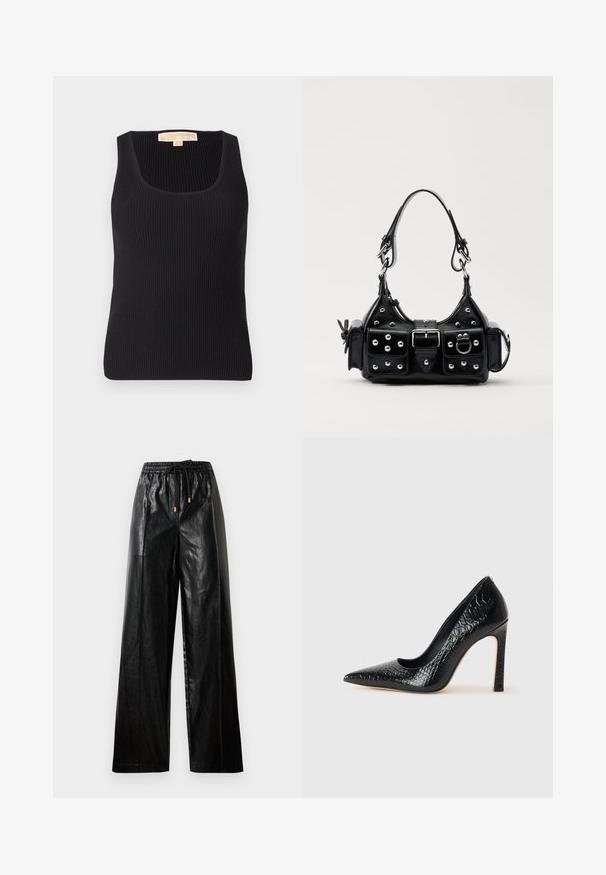 Canotta nera a costine con scollatura quadrata e silhouette aderente. Texture liscia con dettagli minimi e un'etichetta sul retro.; Pantaloni ampi in pelle nera con cintura elastica, cordoncino e accenti in metallo dorato. Texture liscia e vestibilità ampia.; Scarpa nera con punta a punta alta in pelle di coccodrillo, caratterizzata da un design elegante, alto tacco a spillo e interno nero liscio.; Borsa a mano in pelle nera con design curvo, caratterizzata da borchie argentate, una fibbia e due tasche laterali. Tracolla regolabile per diverse opzioni di trasporto.