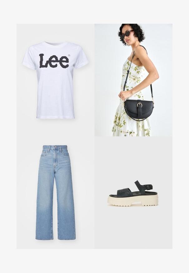 Baltas kokvilnas T-krekls ar apaļu kakla izgriezumu, īsām piedurknēm un lielu melnu "Lee" logotipu, kas iespiests priekšpusē. Gluda tekstūra, standarta piegriezums.; Gaiši zili augstās jostas vidukļa platās bikses ar priekšējo pogu un rāvējslēdzēju, priekšējām un aizmugurējām kabatām uz baltā fona.; Melnas zamšādas platformas sandales ar masīvu baltu zoli, plašu priekšējo siksnu un regulējamu potītes sprādzi. Rievojuma zole labākai saķerei.; Melnas ādas rokassoma ar izliekta formu, noņemamu siksnu un zelta aksesuāriem. Somai ir vāciņš ar sprādzes detaļu.
