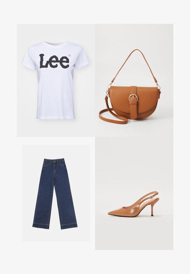 Hvit bomulls t-skjorte med rund hals, korte ermer, og stort svart "Lee"-logo trykt på fronten. Glatt tekstur, standard passform.; Videbenede dressbukser i mørkeblå denim. Har fem lommer, beltestropper og en rå kant i bunden med synlige stikninger.; Spiss tå slingback hæl i et glat, glinsende brunt materiale. Har et buet utskårent design og en slank stilett hæl. Sølvspenne detalj.; Brun lærcrossbody-veske med en buet form, gullhardware og et spenneakcent. Har en avtakbar skulderreim.