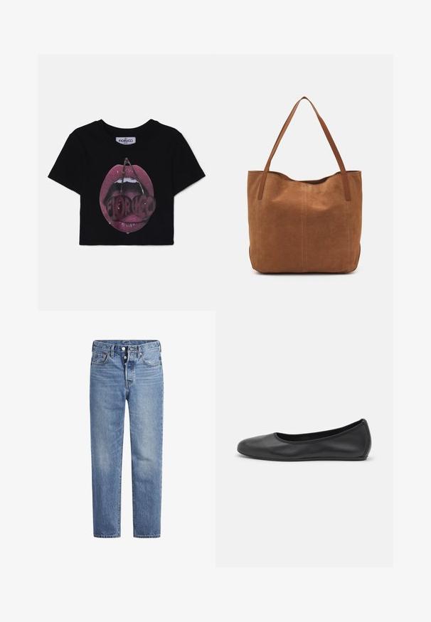 Fiorucci MOUTH CROPPED - T-shirts med print - black; Lyseblå denimjeans med rett snitt, fem-lomme design og knappeåpning. Har subtile falminger og oransje sømdetaljer.; Svart skinnballettflatt med rund tå, glatt tekstur, minimal sømdetalj, og et fleksibelt såledesign.; Brun semsketotebag med to lange håndtak, som har en glatt tekstur, enkelt design, og ingen synlig maskinvare eller aksenter.