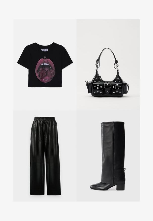 Fiorucci MOUTH CROPPED - Majica kratkih rukava s printom - black; Crne kožne hlače širokih nogavica s elastičnom trakom u struku, koje imaju dva bočna džepa i glatku, sjajnu površinu.; Crne kožne čizme do koljena s glatkom površinom, četvrtastim vrhom, blok petom i detaljem za vezanje sa strane koji omogućuje prilagodbu veličine.; Crna kožna torba s zakrivljenim dizajnom, koja sadrži srebrne zakovice, kopču i dva bočna džepa. Podesiva traka za različite opcije nošenja.
