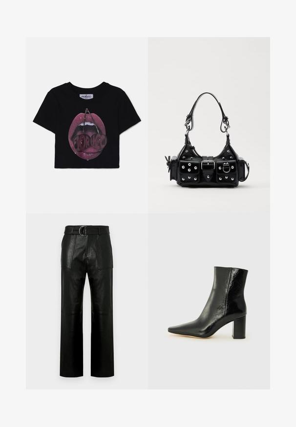 Fiorucci MOUTH CROPPED - Apdrukāts T-krekls - black; Augstās jostas melni ādas bikses ar plašām kājām, lielām priekšējām kabatām un atbilstošu jostu ar dubultā gredzena sprādzi.; Melna potīte, izgatavota no mirdzošas ādas, ar norādītu purngalu un masīlu kvadrāta papēdi. Iezīmes ir gluda tekstūra un minimālisma dizains.; Melnas ādas rokturmais ar izliekumu, ar sudraba iedurtiem, sprādzi un divām sānu kabatām. Regulējams siksniņas garums dažādām nēsāšanas iespējām.
