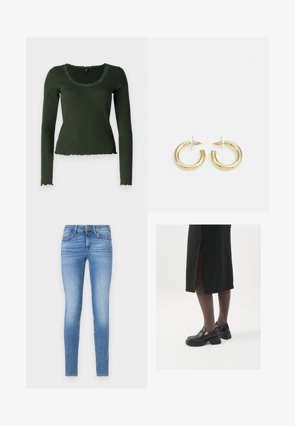 Dlhý rukáv, tmavozelený rebrovaný top s vlnitým výstrihom a lemom. Obsahuje čipkované detaily okolo výstrihu pre zvýraznenie textúry.; Námornícka kordová košeľa s predným zapínaním na gombíky, golierom a trojštvrťovými rukávmi. Má peplum strih s zberaným lemom a mäkkú textúru.; Úzke modré denimové džínsy s mierne zvýšeným pásom, predným gombíkom a dizajnom s piatimi vreckami.; Čierne kožené topánky s okrúhlou špičkou, silným blokovým opätkom a elastickými bočnými akcentmi, skombinované s tmavými pančuchami a čiernou sukňou so štiepením.; Zlaté kruhové náušnice s hladkým, lesklým povrchom. Cirkulárny dizajn s malým steblom a jasným záznamom pre bezpečné nosenie.