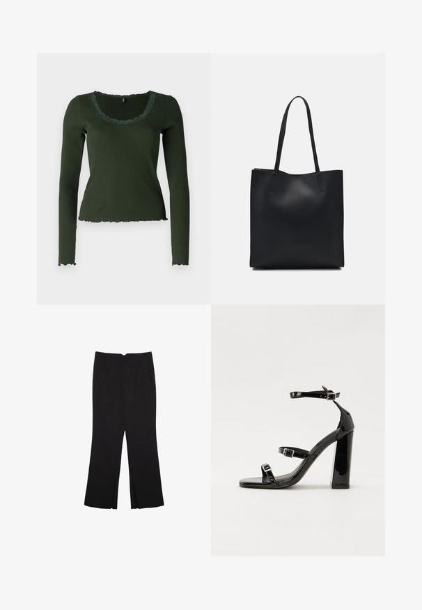 Dolgi rokavi, temno zeleni rebrasti top z okrasnim izrezom in robom. Ponaša se s čipkastim detajlom okoli izreza za dodatno teksturo.; Črne hlače ravnega kroja z naglavnimi žepi in stranskimi razporki na robu. Narejene iz mehke, gladke tkanine. Primerne za različne priložnosti.; Črne lakirane sandale s peto, kvadratnim prstom, trakovi okrog gležnja in srebrnimi zaponkami. Opremljene so s stabilno Debelo peto.; Črna usnjena torba s svilnato teksturo, pravokotne oblike in dvema dolgima ročajema. Brez vidnih metalnih delov ali okrasnih elementov.