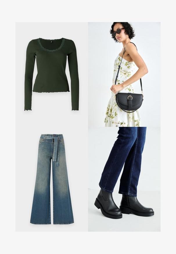 Top cu mânecă lungă, verde închis, din material cu dungi, cu un decolteu și margine zimțată. Prezintă detalii din dantelă în jurul decolteului pentru un plus de textură.; Pantaloni din denim largi, cu un gradient de la albastru deschis la albastru închis, talie înaltă, bucle pentru curea și o curea din același material. Finisaj texturat din denim.; Bocanci negri din piele cu tălpi groase și panouri elastice pe laterale, asortați cu blugi de culoare bleumarin. Solul este de culoare deschisă.; Geantă din piele neagră, cu o formă curbată, curea detașabilă și accesorii aurii. Geanta are un capac cu un detaliu tip cataramă.