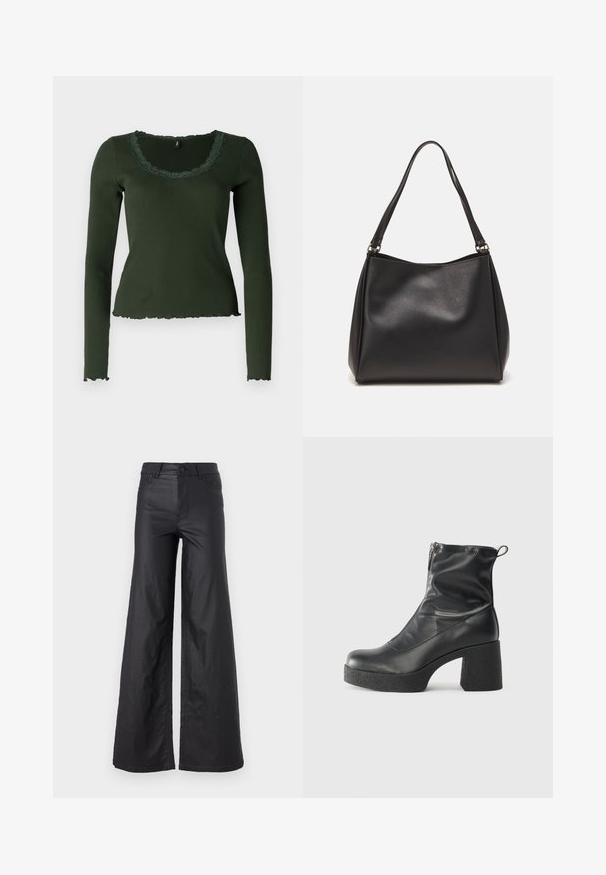 Ilga rankovė, tamsiai žalia, banguoto audinio viršutinė dalis su banguota iškirpte ir kraštu. Išskirtinė detalė – nėrinių apdaila aplink iškirptę, suteikianti papildomo tekstūros.; Juodos, plačios kelnės iš dirbtinės odos. Yra aukštas liemuo, kilpelės diržui, dvi priekinės kišenės ir siuvinėti detalėmis.; Juodos kulkšninių botai, pagaminti iš lygaus odos, su šoniniu užtrauktuku, masyviu tekstūruotu kulnu ir apvaliu pirštu.; Juodas sintetinis odos rankinukas su minkšta tekstūra, hobo formos ir dviem petnešomis; turi blizgų paviršių ir minimalistinį dizainą.