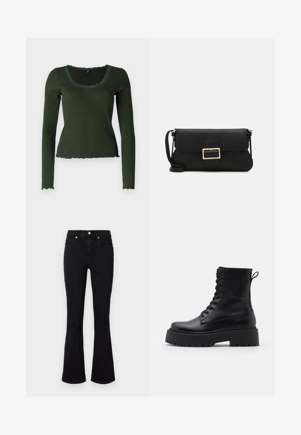 Długi rękaw, ciemnozielony prążkowany top z falbaniastym dekoltem i dołem. Ozdobiony koronkowym wykończeniem wokół dekoltu dla dodatkowej tekstury.; Czarne jeansy o rozszerzających się nogawkach, wykonane z denimu, z średnim stanem, przednimi kieszeniami i zapięciem na guzik. Gładka tekstura z minimalnymi detalami ściegów.; Czarne skórzane botki za kostkę z okrągłym noskiem, sznurówką z przodu i grubą gumową podeszwą z teksturowanym bieżnikiem. Pętelka do zakładania z tyłu.; Czarna skórzana torebka kopertowa z klapką i detalem w postaci złotej metalowej klamry. Zawiera czarny pasek oraz elegancki, minimalistyczny design.; Złote kolczyki w kształcie cienkich okrągłych obręczy, o gładkim metalicznym wykończeniu, bez zdobień czy wzorów.