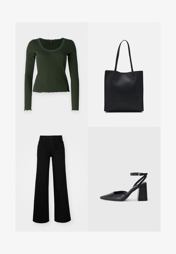 Langermet, mørkegrønn ribbestrikket topp med scallop-formet halslinning og nederkant. Har blonderdetaljer rundt halslinningen for ekstra tekstur.; Svart vide bukser laget av denim, med en strukturert midjebånd, beltestropper og frontlommer. Glatt tekstur med et klassisk design.; Svart lær pumps med spiss tå, ankelrem og kraftig hæl. Flat tekstur, strømlinjeformet design og minimalisme.; Svart lær tote bag med glatt tekstur, rektangulær form og to lange håndtak. Ingen synlige deler eller dekorasjoner.