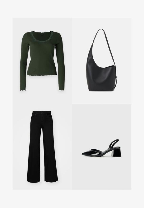 Long-sleeve, dark green ribbed top with a scalloped neckline and hem. Features lace detailing around the neckline for added texture.; Black wide-leg pants made of denim, featuring a structured waistband, belt loops, and front pockets. Smooth texture with a classic design.; Black patent leather slingback heels with a pointed toe and a geometric block heel. Features a sleek, minimal design and smooth texture.; Black leather hobo bag with a smooth texture, curved shape, and single adjustable strap; features a wide opening at the top.