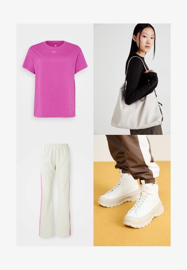 Nike Sportswear TEE - Paprasti marškinėliai - hot fuchsia/white; Šviesiai smėlio spalvos kelnės su elastinga juosmens juosta, turinčios rožinius šoninius panelius ir šonines kišenes. Lygi tekstūra su tiesiomis kojomis.; Baltos aukštos sportinės bateliai su masyviu, tekstūruotu padu, sklandžiu viršumi, apvalia nosimi ir toniniu raišteliu, prieš geltoną foną.; Bežinė rankinė, pagaminta iš minkštos medžiagos, turinti laisvą dizainą, siuvinėtas detalės ir dvi petnešos. Tinkama kasdieniam naudojimui.