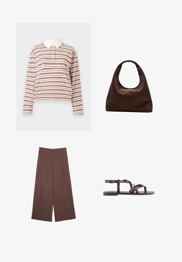 Long-sleeve polo shirt in cream with thin maroon stripes, featuring a classic collar and three-button placket, made of soft fabric.; Brown wide-leg trousers with a smooth texture, featuring a high waist and front pleats. The fabric is lightweight and flows loosely.; Brown leather sandal featuring crisscross straps, an ankle buckle closure, and a flat sole with minimal stitching details.; Soft brown hobo-style handbag with a single wide strap and a curved top handle opening, displayed on a white background.