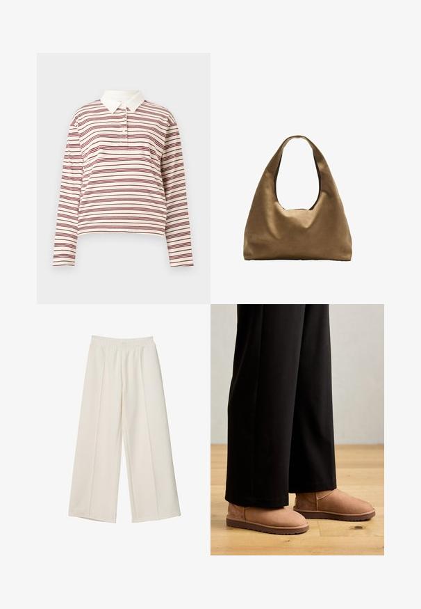Long-sleeve polo shirt in cream with thin maroon stripes, featuring a classic collar and three-button placket, made of soft fabric.; Wide-leg cream-colored pants with elastic waistband and front seam detailing, made from smooth fabric.; Brown suede ankle boots with a flat rubber sole, rounded toe, and minimal stitching, worn with black wide-leg pants on a wooden floor.; Brown fabric shoulder bag with a wide, rounded body and a large cutout handle. Soft texture, minimalistic design, and no visible hardware.