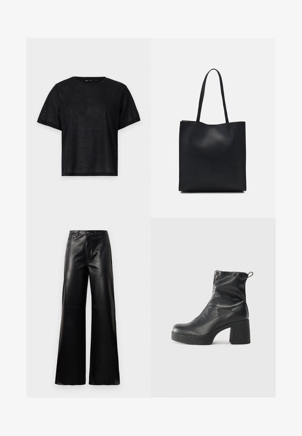 Black short-sleeve t-shirt with a relaxed fit, featuring a smooth texture and a crew neckline. Lightweight fabric with a subtle sheen.; Black high-waist wide-leg faux leather pants with front button, zip closure, belt loops, and side pockets on white background.; Black ankle boots made of smooth leather, featuring a side zipper, chunky textured heel, and rounded toe design.; Black leather tote bag with smooth texture, rectangular shape, and two long handles. No visible hardware or embellishments.
