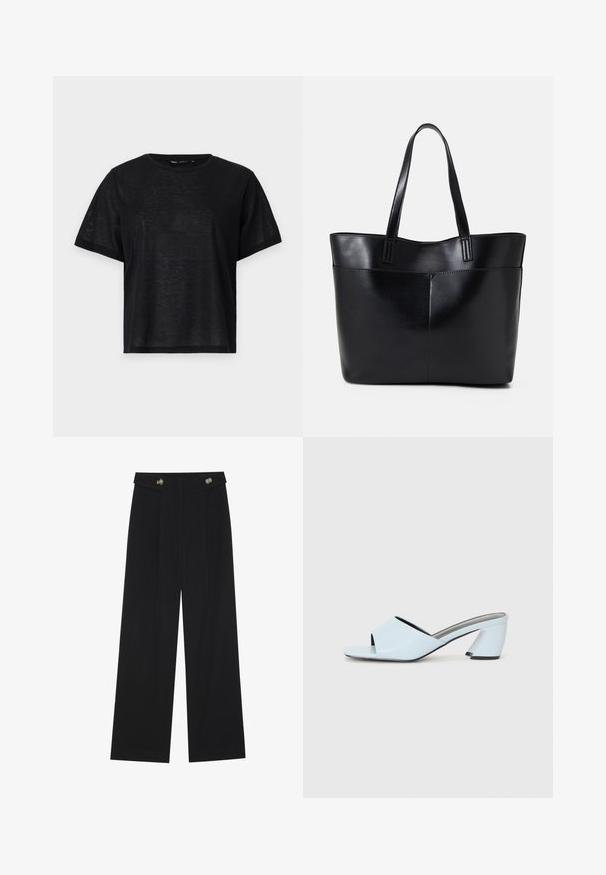 T-shirt preto de manga curta com um corte descontraído, apresentando uma textura suave e um decote redondo. Tecido leve com um brilho subtil.; Calças largas pretas com cintura alta, detalhes em botão na cintura e pregas frontais.; Mules de salto aberto de cor azul clara com um design geométrico, apresentando uma faixa larga sobre o pé e um salto chunky e angular.; Bolsa tote preta em couro com duas alças longas, textura suave e forma estruturada. Apresenta um bolso frontal para armazenamento adicional.