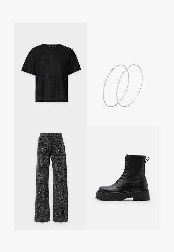 Must musta lühikese varrukaga T-särk, millel on vabalt langev lõige, sile tekstuur ja ümmargune kaelus. Kerge kangas, millel on kerge sära.; Noisy May NMJANNEL LOOSE - Avar lõikega teksad - black denim; Mustad mustad nahast pahkluu saapad ümarate varvastega, nööridega esiosas ja paksu kummist talla ning tekstuuritud mustriga. Tagumine tõmbeaas.; Hõbedased rõngastikkaehingad minimalistlikus disainis. Ümar kuju, sile tekstuur ja õhuke profiil. Kerged ning poleeritud viimistlusega.