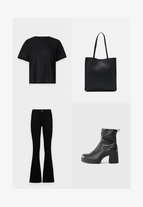 Black short-sleeve t-shirt with a relaxed fit, featuring a smooth texture and a crew neckline. Lightweight fabric with a subtle sheen.; Black high-waist jeans with a button and zip closure, front pockets, and flared legs laid flat on a white background.; Black ankle boots made of smooth leather, featuring a side zipper, chunky textured heel, and rounded toe design.; Black leather tote bag with smooth texture, rectangular shape, and two long handles. No visible hardware or embellishments.