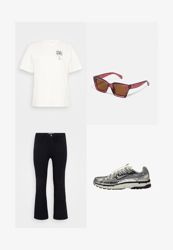 Bílý bavlněný tričko s krátkým rukávem, s grafikou palmy a textem "ALOHA" v purpurové barvě, umístěným na levém prsu.; ONLY Carmakoma CARTHUNDER PUSH UP - Široké džíny - black denim; Stříbrná a černá sportovní obuv s vrchní částí z mesh a syntetických materiálů, objemným designem a texturovaným povrchem. Obsahuje polstrovaný límec a gumovou podrážku.; Čtvercové sluneční brýle s červeným nádechem a hnědými skly. Vyrobené z průhledného plastu. Mají výrazný úhlový design a decentní logo na straně.