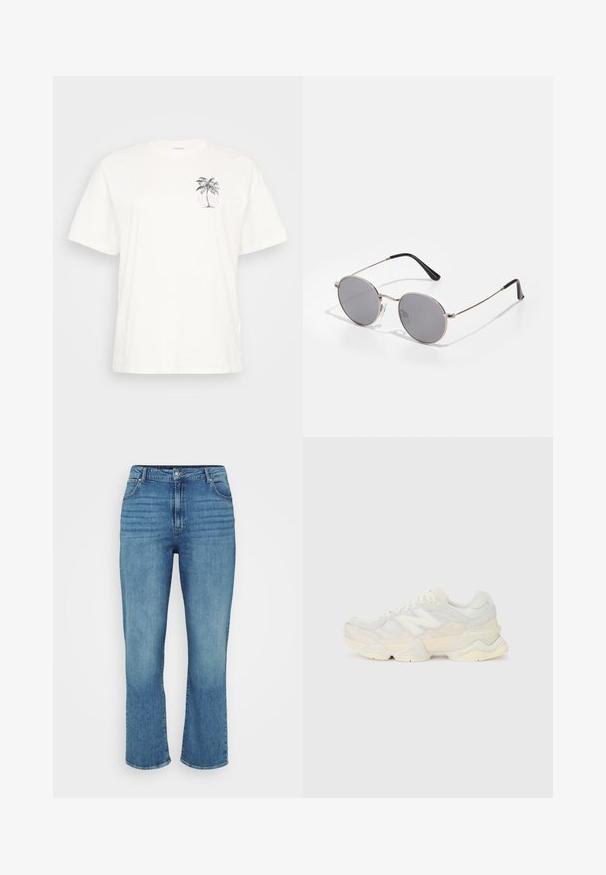 White cotton t-shirt with short sleeves, featuring a palm tree graphic and the text "ALOHA" in purple, located on the left chest.; Light blue denim jeans with a straight leg design, featuring five pockets, belt loops, and subtle fading on the front.; Lightweight sneaker featuring a mesh and suede upper in soft cream tones, with a chunky sole and three-dimensional accents.; Round sunglasses with dark gray lenses, thin silver metal frame, and black rubber-tipped temples. Simple design with no patterns or accents.