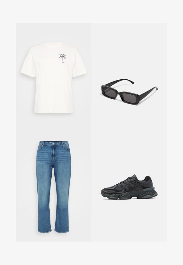 White cotton t-shirt with short sleeves, featuring a palm tree graphic and the text "ALOHA" in purple, located on the left chest.; Light blue denim jeans with a straight leg design, featuring five pockets, belt loops, and subtle fading on the front.; Black running shoe featuring a mix of mesh and synthetic materials, chunky sole, curved design, and prominent branding on the side.; Black rectangular sunglasses with dark lenses, glossy finish, wide arms, and a chunky frame design. Engraved brand name on one arm.