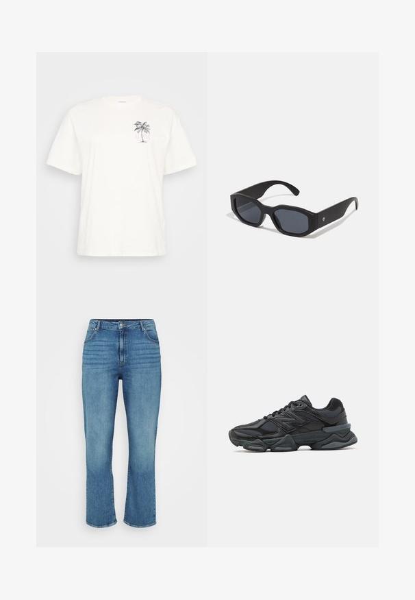 Camiseta blanca de algodón de mangas cortas, con un gráfico de una palmera y el texto "ALOHA" en morado, ubicado en el lado izquierdo del pecho.; Jeans de mezclilla de color azul claro con un diseño de pierna recta, que cuentan con cinco bolsillos, pasadores para cinturón y un ligero desgaste en la parte delantera.; Zapatilla de running negra que presenta una combinación de malla y materiales sintéticos, suela gruesa, diseño curvado y una marca prominente en el costado.; Gafas de sol negras con montura rectangular, acabado mate, lentes oscuros y brazos ligeramente curvados. Detalle sutil del logo en un brazo.