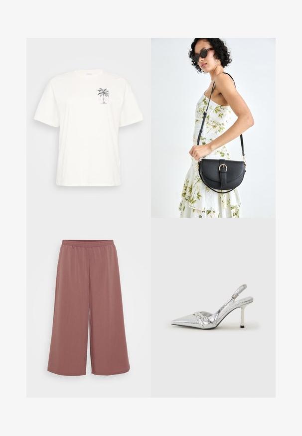 White cotton t-shirt with short sleeves, featuring a palm tree graphic and the text "ALOHA" in purple, located on the left chest.; Wide-leg pants in a soft, textured fabric, featuring an elastic waistband. The color is a muted rose, enhancing the flowy design.; Silver slingback high heel shoe with a pointed toe, metallic finish, two decorative straps, and a slender heel with a black tip.; Black leather handbag with a curved shape, detachable strap, and gold hardware. The bag features a flap with a buckle detail.