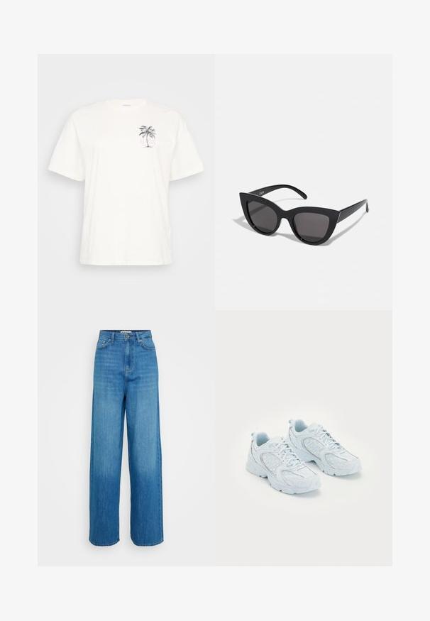 Balta medvilninė marškinėliai trumpomis rankovėmis, su palmių medžio grafika ir tekstu "ALOHA" purpurine spalva, esantis kairėje krūtinės pusėje.; Mėlynos aukšto juosmens plačios džinsinės kelnės su priekyje esančia sagčia ir užtrauktuku, priekinėmis ir galinėmis kišenėmis, bei siūlėmis ant baltos fono.; Šviesiai mėlynos sportinės bateliai su tinkleliu ir sintetine viršutine dalimi, turintys baltos taškeliais ir atspindinčiais akcentais, su raišteliais ir paminkštintu padu.; Juodos katės akies akinių nuo saulės su matinio paviršiaus danga, turinčiais pilkai tonuotus lęšius, aštriomis linijomis ir elegantiškomis šoninėmis kojelėmis. Prekės ženklas matomas vidinėje kojelėje.