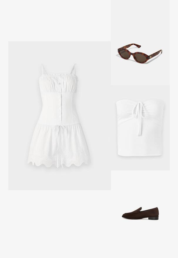 Biała top bez ramiączek z marszczonym przodem, wyposażona w sznurki do regulacji w centrum, wykonana z gładkiego, elastycznego materiału.; Biała bawełniana sukienka z cienkimi ramiączkami, z przodu zapinana na guziki, dopasowany gorset i rozkloszowana spódnica. Posiada haftowany, falbaniasty dół oraz elastyczny pas ze sznurkiem.; Brązowy but wsuwany o gładkiej fakturze, wydłużonym kształcie, niskim słupkowym obcasie i minimalistycznym designie. Bez widocznych wzorów czy ozdób.; Okulari w karmelowo-brązowym wzorze z okrągłymi oprawkami, ciemnymi soczewkami i złotymi detalami logo na zausznikach. Gładki plastikowy materiał, brak widocznych wzorów.