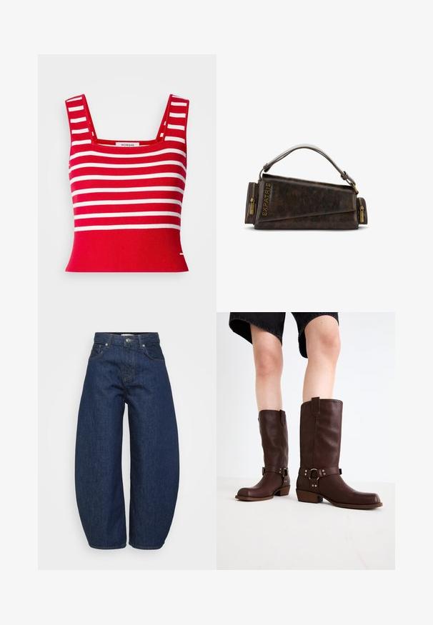 Rode gebreide crop top met witte horizontale strepen. Beschikt over een vierkante halslijn en ribbelstructuur. Label is gepositioneerd in het midden.; Hoge taille donkerblauwe denim jeans met wijde benen, voorzijde met knoop en ritssluiting en klassiek vijf-pocket ontwerp.; Bruine leren kniehoge laarzen met een ronde neus, gestructureerd oppervlak, enkelriem en zilveren hardware-detail; opgestapelde hak.; Bruine leren handtas met een geometrisch ontwerp, voorzien van een bovenhandvat en messing ritsaccenten. Logo is aan de zijkant ingebrand.; Zilveren oorbel met een gepolijste afwerking, met kleine gouden accentdetails en een ronde vorm, gedragen op de oorlel.