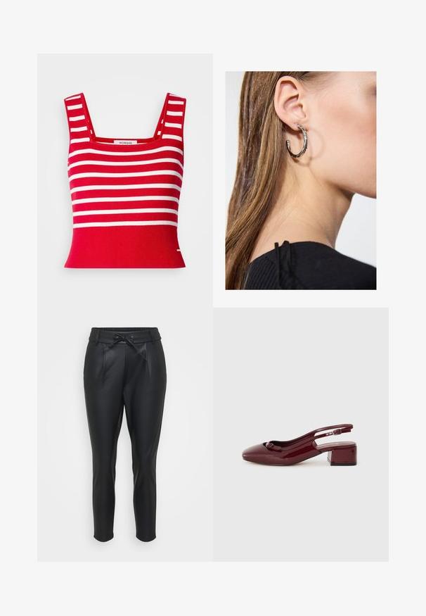 Red knit crop top with white horizontal stripes. Features a square neckline and ribbed texture. Label positioned at the center.; Black, faux leather pants with an elastic waistband, front pleats, and a drawstring closure. Tapered fit with a smooth texture.; Burgundy patent leather slingback shoe with a square toe, small block heel, and a decorative bow detail on the front strap.; Silver hoop earring with a polished finish, featuring small gold accent details and a round shape, worn on the lobe.