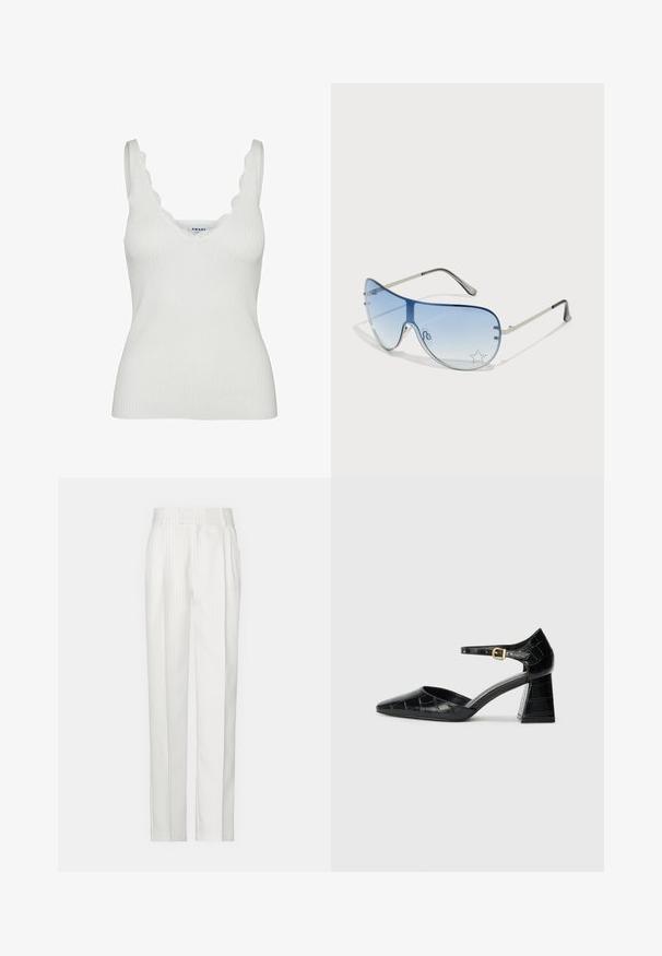 Biely rebrovaný top s výstrihom do V a zvlněnými okrajmi. Vyrobený z mäkkého materiálu, má široké ramienka a priliehavý strih.; Biele pruhované nohavice so strihať priamym strihom, vyrobené z ľahkého materiálu. Obsahujú preklady vpredu a klasický pás.; Čierna lakovaná kožená vysoká opätková topánka s špicatou špičkou, remienkom okolo členka a textúrovaným vzorom krokodíla. Dizajn so štvorcovým blokovým opätkom.; Pilotné slnečné okuliare s prechodovým modrým sklom, strieborným kovovým rámom a ozdobnými hviezdičkovými akcentmi na sklách. Hladký a elegantný dizajn.