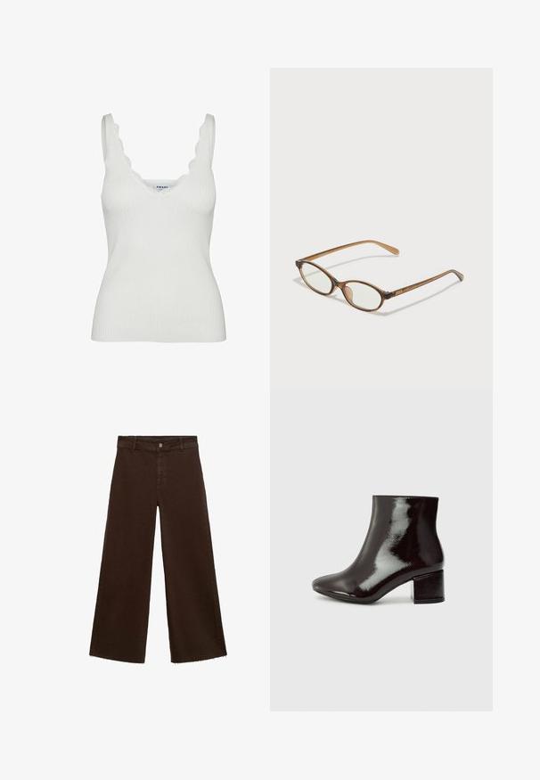 Top bianco a coste con scollatura a V e bordi ondulati. Realizzato in un materiale morbido, presenta spalline larghe e una silhouette aderente.; Pantaloni larghi marroni in misto cotone, caratterizzati da orlo sfrangiato, chiusura frontale con bottone e classico design a cinque tasche. Minimalisti e versatili.; Stivaletti in vernice nera con punta a forma di punta e tacco spesso. Texture liscia con una leggera lucentezza e linee pulite, design minimalista.; Occhiali tortoiseshell marroni con lenti ovali, aste sottili e dettagli trasparenti. Presentano un logo sottile sulla tempia. Design elegante e leggero.; Borsa a tracolla in pelle marrone con forma curvata, hardware dorato e un dettaglio con fibbia. Presenta una tracolla rimovibile.