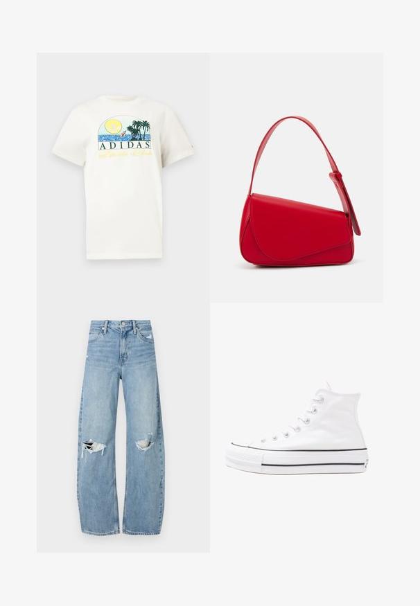 T-shirt de algodão branco com um design gráfico apresentando um sol, palmeiras e água. "ADIDAS Sports Club" impresso em verde e amarelo.; Jeans de lavagem clara, de cintura alta, feitos de denim. Apresentam pernas largas, duas áreas rasgadas nos joelhos e o estilo clássico de cinco bolsos.; Sapatilha alta de tela branca com sola de borracha preta, bico de borracha na frente e seis ilhós para os atacadores, apresentando um design limpo e minimalista.; Bolsa de mão em couro vermelho com um design angular e geométrico. Apresenta uma única alça ajustável e um fecho com aba, com detalhes cosidos.