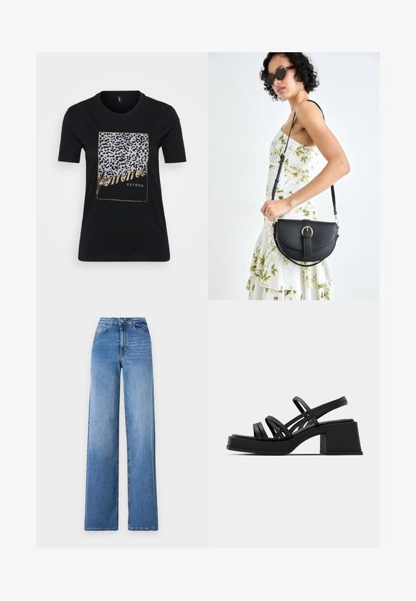 Tricou din bumbac negru, cu un design cu imprimeu de leopard și text auriu care scrie "femmes FUTURE" într-un cadru rectangular.; Jeans largi bleu deschis din denim, cu talie înaltă, buzunare frontale și închidere standard cu nasture. Textură netedă.; Sandale negre cu toc, dotate cu multiple curele subțiri și un toc bloc lat. Design elegant cu o textură mată. Tălpica are o ușoară curbă.; Geantă din piele neagră, cu o formă curbată, curea detașabilă și accesorii aurii. Geanta are un capac cu un detaliu tip cataramă.