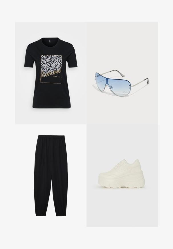 Juodas medvilninis marškinėliai su leopardų rašto dizainu ir auksiniu tekstu "femmes FUTURE" stačiakampio rėmelyje.; Juodi, lengvi kelnių su elastinga juosmens juosta ir surinktais kulkšniais. Audinys yra lygus ir turi atsipalaidavusį, siaurėjantį dizainą.; Baltos platformos sportbačiai su lygiu odos primenančiu paviršiumi, apvalia forma, paminkštintu apykakle ir tekstūruotu guminiu padu su ryškiais protektoriais.; Aviatoriai akiniai su gradientiniais mėlynais objektyvais, sidabriniu metaliniu rėmu ir dekoratyvinėmis žvaigždžių akcentais ant objektyvų. Lygaus ir stilingo dizaino.