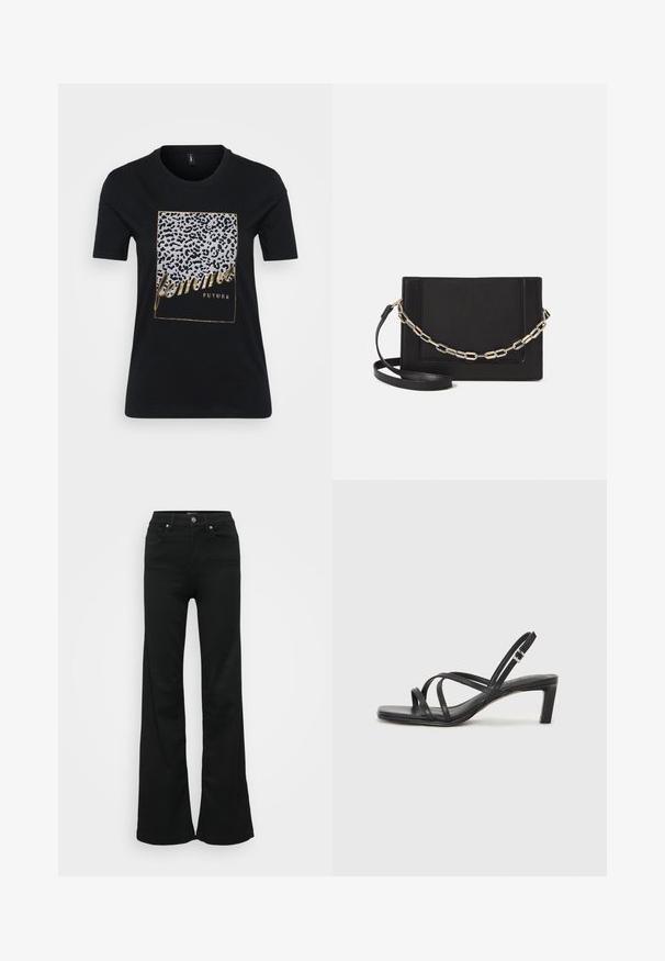 Crna pamučna majica s dizajnom leopard uzorka i zlatnim tekstom koji glasi "femmes FUTURE" unutar pravokutnog okvira.; Crne široke traperice od denima, s visokim strukom, pet džepova i metalnim zatvaračem. Glatka tekstura s minimalnim detaljima.; Crne sandale s trakama, kvadratnim prstom i niskom blok petom. Ima više tankih trakica i podesivu trakicu oko gležnja. Izrađene su od glatke kože.; Crna kožna torba preko tijela s glatkom teksturom, pravokutnim oblikom i metalnim lancem na prednjoj strani. Uključena je podesiva naramenica.