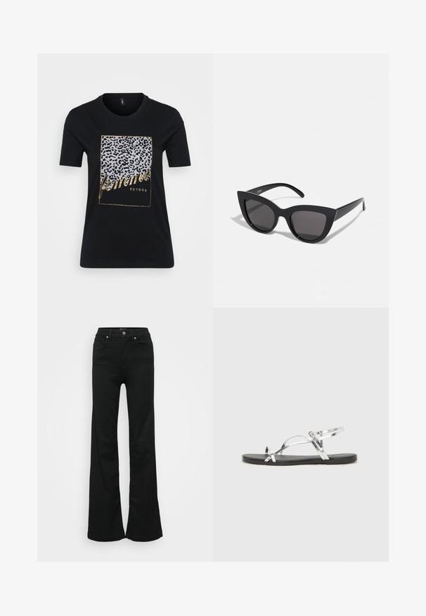 Juodas medvilninis marškinėliai su leopardų rašto dizainu ir auksiniu tekstu "femmes FUTURE" stačiakampio rėmelyje.; Juodos plačios džinsinės kelnės, pagamintos iš denimo, su aukštu liemeniu, penkiomis kišenėmis ir metaliniu sagčių uždarymu. Lygi tekstūra su minimaliu dekoravimu.; Sidabriniai metaliniai sandalai su minimalistiniu dizainu, turintys plonas dirželius ir juodą plokščią padą. Išskirtinai pabrėžiami kryžminiai dirželių akcentai.; Juodos katės akies akinių nuo saulės su matinio paviršiaus danga, turinčiais pilkai tonuotus lęšius, aštriomis linijomis ir elegantiškomis šoninėmis kojelėmis. Prekės ženklas matomas vidinėje kojelėje.