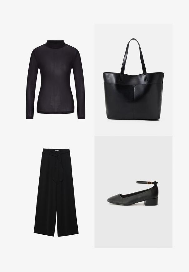 Black long-sleeve top with a high neck, made of sheer material featuring a subtle perforated texture. Smooth, form-fitting design.; Black wide-leg pants featuring a textured fabric, an elastic waistband, and a detachable sash tie at the waist for adjustable fit.; Black leather pump with a pointed toe and a low block heel. Features an ankle strap with a gold-tone buckle. Smooth texture.; Black leather tote bag with two long handles, a smooth texture, and a structured shape. Features a front pocket for additional storage.