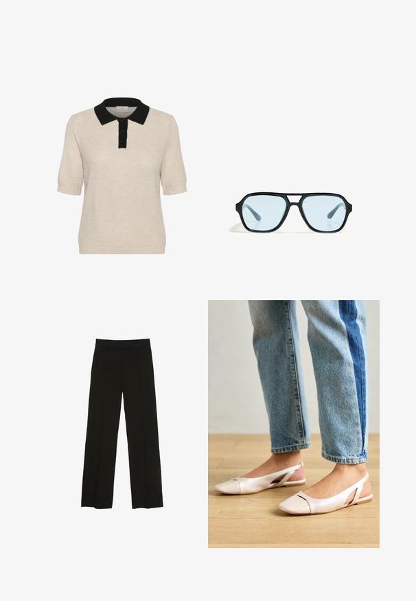 Beige Poloshirt mit kurzen Ärmeln und schwarzem Kragen, mit einer knopfbaren Vorderseite und strukturiertem Strickmuster.; Schwarze weit geschnittene Hosen aus glattem Stoff, ausgestattet mit einem taillierten Bund und dezenten vorderen Falten für zusätzliche Struktur.; Blassrosa Slingback-Ballerinas mit spitzem Punkt, aus einem glatten, lederähnlichen Material. Mit Ausschnitten an den Seiten und einem flachen Absatz.; Schwarze Sonnenbrille mit rechteckigen Fassungen, blaufarbenen Gläsern und einem markanten Brückendesign. Schlanke Oberfläche, dezente Textur.; Schwarze Leder-Handtasche mit einer Halbmondform, glatter Oberfläche und verstellbarem Tragegurt, mit subtilen Hardware-Details. Sichtbarer Reißverschluss.