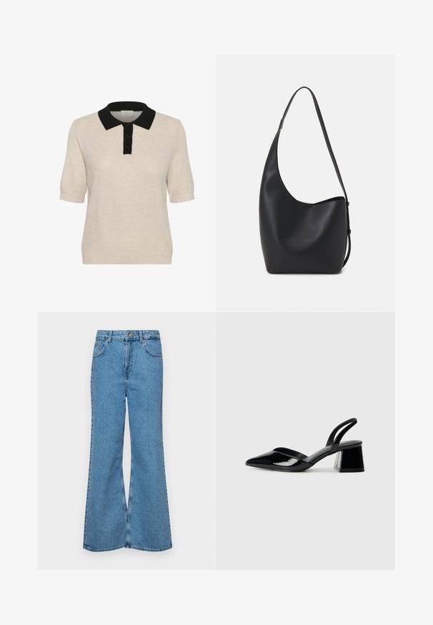 Beige short-sleeve polo sweater with a black collar, featuring a buttoned front and textured knit pattern.; Light blue flared jeans made of denim, featuring a high waist, five pockets, and a single button closure. Soft texture with faded finish.; Black patent leather slingback heels with a pointed toe and a geometric block heel. Features a sleek, minimal design and smooth texture.; Black leather hobo bag with a smooth texture, curved shape, and single adjustable strap; features a wide opening at the top.
