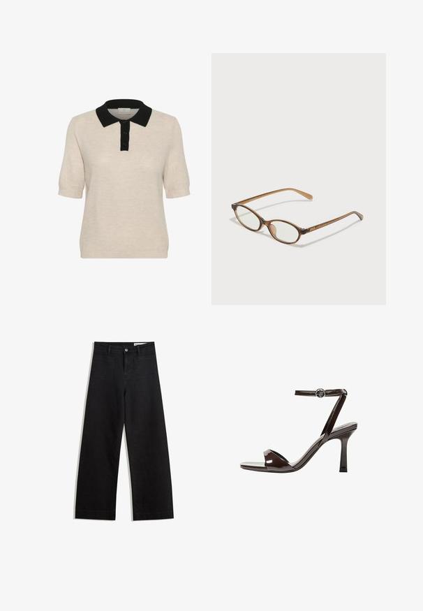 Beige polo trui met korte mouwen en een zwarte kraag, met een knoopsluiting aan de voorkant en een gestructureerd breipatroon.; Zwarte denim broek met wijde pijpen en een hoge taille, voorzien van voor- en achterzakken, gestikte naden en een knoopsluiting. Gladde textuur.; Bruine gepatenteerde lederen sandaal met hoge hak, enkelbandje, open teen, en een strak, minimalistisch ontwerp. Voorzien van een vierkante hak.; Bruine schildpadbril met ovale lenzen, dunne armen en transparante accenten. Heeft een subtiele logo op de tempel. Strak, lichtgewicht ontwerp.