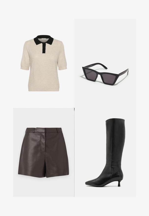Béžový polo svetr s krátkým rukávem a černým límcem, se zapínáním na knoflíky a texturovaným pleteným vzorem.; Hnědé kožené šortky s hladkou texturou, se švem vepředu, poutky na opasek a dvěma bočními kapsami. Navrženy pro přiléhavý střih.; Zign Vysoká obuv - black; Černé, ostré sluneční brýle s šedými skly; vyrobené z plastu, s mohutnými rameny a hladkým povrchem bez viditelného hardwaru.; Hnědá kožená kabelka s dvěma pevnými uchy, obdélníkový tvar, hladká textura a zipové zavírání. Minimalistický design bez viditelných vzorů.