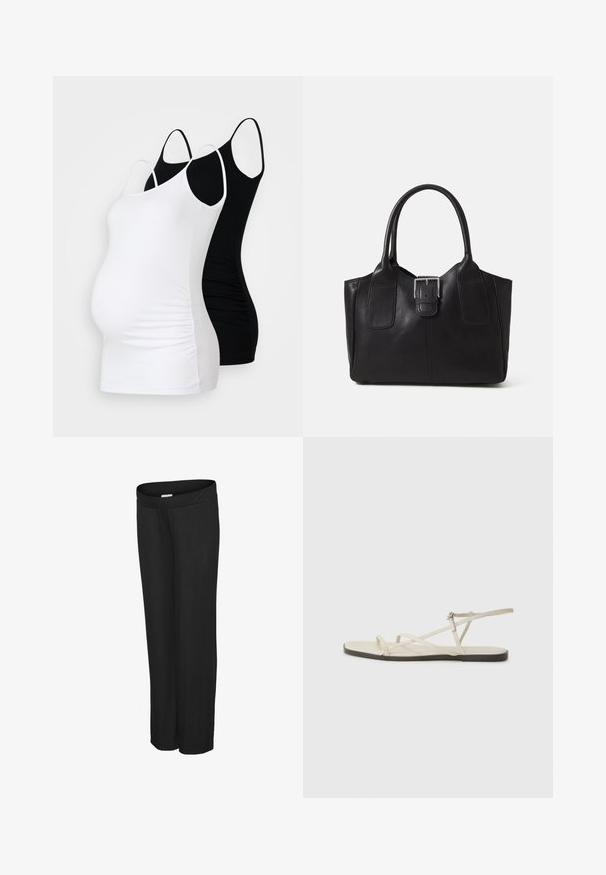 Dva majica za trudnoću bez rukava, u bijeloj i crnoj boji. Obje imaju podesive naramenice, prilagođeni kroj i naborane strane za dodatnu udobnost.; Crne široke hlače s rebrastim uzorkom i elastičnom stražnjom trakom. Mekani materijal, pune dužine, bez vidljivih detalja ili ukrasa.; Bež sandala na ravnom potplatu s više tankih trakica i podesivom kopčom. Potplat je ravan s blagim tamnim kontrastom na rubu.; Crna kožna torba za nošenje s glatkom teksturom, strukturiranim oblikom, dvije ručke i istaknutim srebrnim kopčanjem na prednjoj strani.
