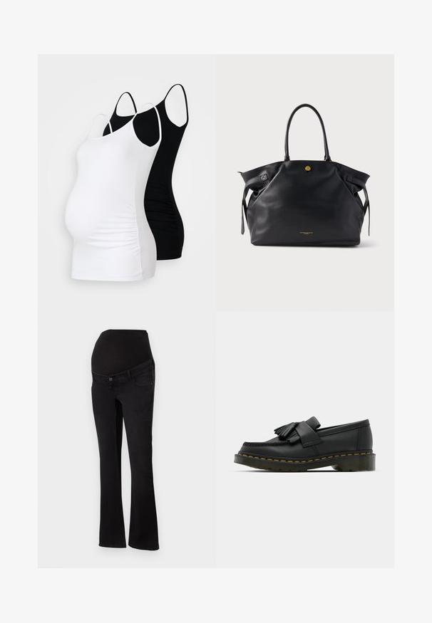 Du kelnai nėštumui, balti ir juodi. Abu turi reguliuojamas petnešas, prigludusią formą ir surinktas šonus papildomam komfortui.; Juodos džinsinio audinio nėštumo džinsai su elastinga juosmens juosta, kuri pakyla virš pilvo, prigludę klubams ir šlaunims, platėja ties kojų galu.; Juodi odiniai loaferiai su apvaliu pirštu, turi fransuojančią detalę ir dekoratyvinę juostelę priekyje, įrengti ant masyvaus kulno.; Juoda odinė pirkinių rankinė su tekstūruotu paviršiumi, auksinės spalvos detalėmis ir dviem apvaliais rankenomis. Turi saugų užsegimą ir minimalistinį prekės ženklo ženklinimą.